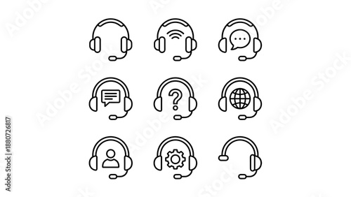 Customer support headset line icons set. Call center symbols. Help desk operator, technical service, online consultant, telemarketing. Contact us, hotline, communication equipment.