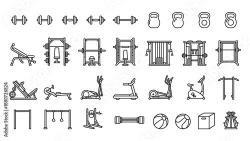 Gym equipment line icons vector set. Fitness workout collection. Minimalist outline. Dumbbell, treadmill, kettlebell, bike. Bodybuilding, sport training, athletic tool. Weightlifting.