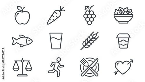 Healthy diet and nutrition line icons set. Minimalistic food vector symbols. Fitness wellness lifestyle. Fresh organic fruits vegetables. Balance scale runner sport. Outline pictograms.