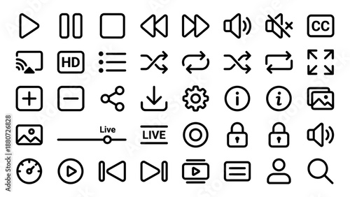 Video player line icons set. Streaming media interface controls. UI design kit. Play pause volume buttons. Multimedia app symbols. Digital web pictogram. Technology vector graphic.