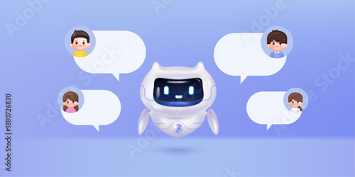 3D friendly chatbot surrounded by speech bubbles with group of people. AI communication and virtual support. Concept of AI and machine learning. 3D Rendering. Vector illustration