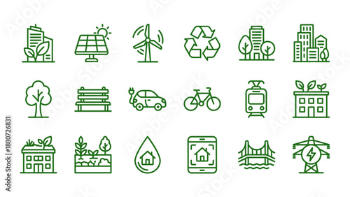 Green city architecture line icons set. Sustainable urban living. Renewable energy. Smart home. Ecology concept. Minimalist vector. Eco friendly infrastructure. Clean technology.