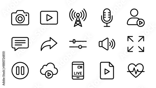Live streaming and video player line icons set. Minimal media interface symbols. Camera, microphone, broadcast, play. Vlog, podcast, webinar. Simple outline vector graphic design.