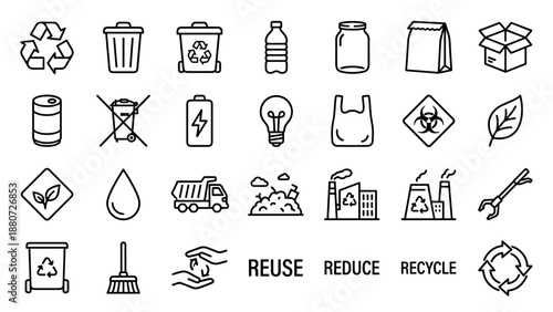 Recycling waste management line icons set. Eco friendly symbols. Garbage disposal sorting. Trash can, bottle. Ecology concept. Sustainable living. Environment protection. Zero waste icon.