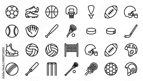 Sports equipment line icon set. Vector collection of balls and gear. Soccer, basketball, football, baseball items. Minimalist outline symbols for athletic competition and team games.
