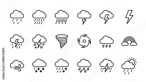 Vector set of rainy and storm clouds line icons. Minimalistic weather forecast symbols. Meteorology climate elements. Thunderstorm lightning rain shower. Nature atmosphere sky sign.
