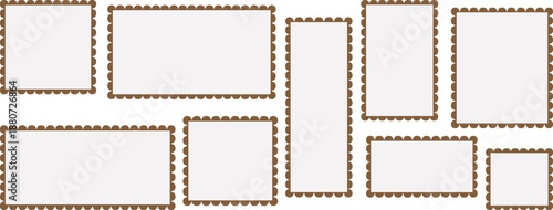 Set of vintage postage stamps. Postage stamp set. Mockup postage stamps. Blank postage stamps. Post stamp frame and border. Zigzag edge and scallop edge. Rectangle shape with zigzag edges.