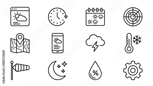 Weather app line icons set. Mobile interface ui elements. Forecast symbols. Hourly, weekly, radar, map, thermometer, cloud, wind, sun. Simple minimal outline vector graphic design.