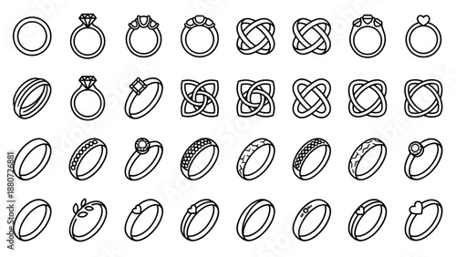 Wedding ring line icons set vector. Engagement jewelry collection. Diamond gemstone symbols. Marriage proposal. Love romance. Gold silver band outline. Minimalist fashion design.