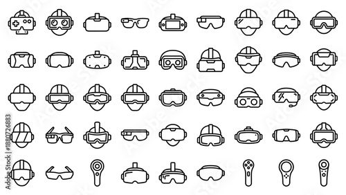 Virtual reality and augmented reality line icons set. VR AR headset vector technology. Gaming goggles glasses controller outline symbols. Metaverse device. Futuristic cyber gadget.