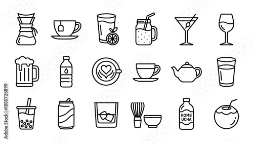Beverage line icons set. Coffee tea juice smoothie cocktail wine beer water symbols. Outline drink vector for menu. Refreshment liquid logo. Cafe bar restaurant graphic elements.