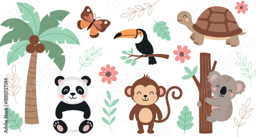 Cute jungle animal illustration set with panda monkey koala toucan turtle and tropical elements, playful wildlife collection for kids nursery and nature themed designs