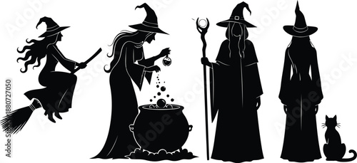 Witch Characters Halloween Silhouette Set Vector