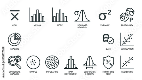 Statistics line icons set. Data analysis symbols. Mean median mode probability regression correlation. Standard deviation. Math research. Science education. Business finance graph.