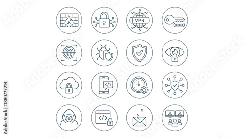 Cybersecurity icons set. Internet safety symbols. Firewall encryption VPN password authentication malware hacker cloud data privacy. Network shield key fingerprint phishing secure.