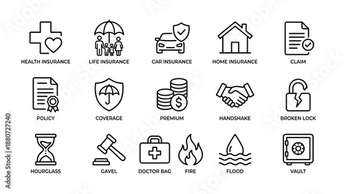 Insurance line icons set. Protection symbols health, life, car, home. Financial safety, risk, policy claim, coverage, premium, property, accident. Legal agreement business vector