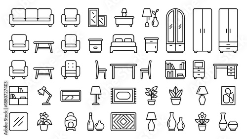 Modern home interior furniture line icon set. Minimalistic vector pack with sofa, chair, table, bed, lamp, wardrobe, bookshelf, and decor. Clean design for interior design and home decor projects.