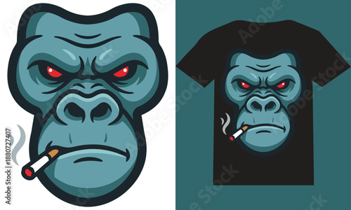 Angry Smoking Gorilla Face – Bold Flat Vector Mascot T‑Shirt Design