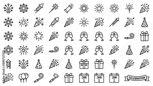 Minimalist fireworks and celebration line icon set. Party symbols including champagne glasses, gifts, confetti, fireworks, hats, sparklers, and calendar for New Year and festive design.