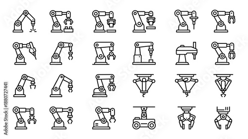 Industrial robotics arm line icons set. Minimalist automation technology symbols for factory production, robotic engineering, assembly line, manufacturing process and smart industry design concept.