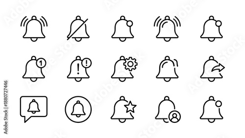 Notification bell icons set. Line style alert symbols collection. Simple minimalistic black outline vector icons for apps, UI, UX design, interface, reminder, message, mute and sound alerts