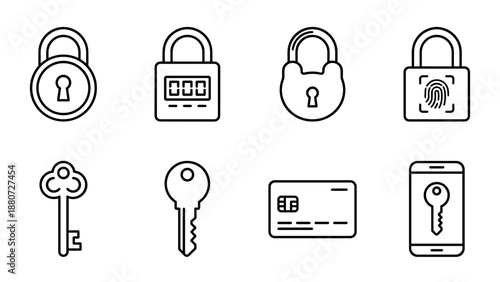 Minimalist padlock and key security line icons set. Password, fingerprint access, digital lock, credit card encryption, smartphone key access. Cybersecurity and data protection concept