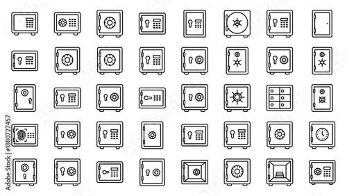 Security safe box and vault line icons set. Vector collection of bank safe icons, money protection symbols, digital keypad, fingerprint, lock combination, minimal outline design, white background
