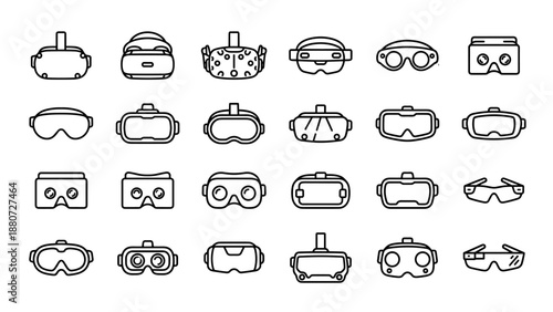 Virtual reality and augmented reality headset icons set. Linear minimalist VR AR goggles symbols. Modern technology equipment collection. Black outline vector design isolated on white background