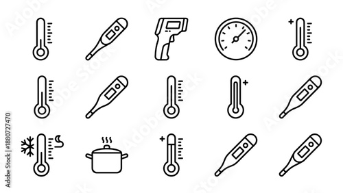 Temperature and Thermometer Line Icons Set. Minimalistic black outline medical and weather thermometers, infrared gun, and heat and cold symbols on white background for healthcare and climate design.