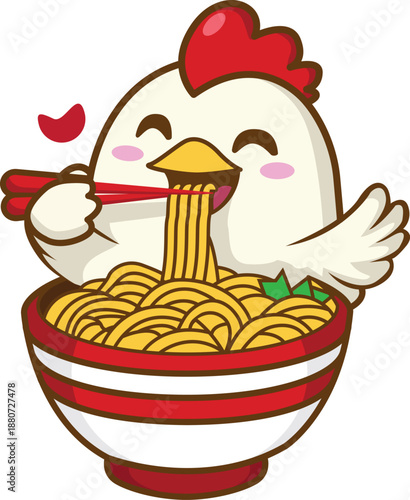 Happy Chicken Enjoying a Bowl of Noodles