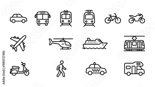 Transportation line icons set. Vector vehicle symbols. Public transport. Car bus train bike boat plane taxi subway. Travel traffic sign. City commute logistics. Auto outline pictogram.