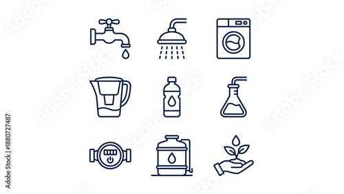 Water conservation and filtration line icons set. Minimalistic outline symbols of water saving, purification, eco sustainability, clean water usage, recycling, drinking water and wastewater management