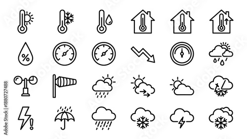 Meteorology line icons set. Weather forecast symbols. Thermometer, humidity, barometer gauge, wind, rain, snow. Climate science pictograms. Atmospheric conditions vector collection.