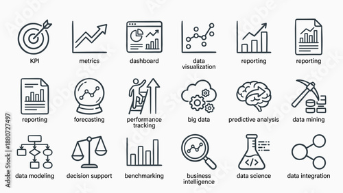 18 Business Analytics Line Icons Set. Data Visualization. KPI Metrics. Dashboard Reporting. Forecasting. Performance Tracking. Big Data Mining. Predictive Analysis. Science. Intelligence