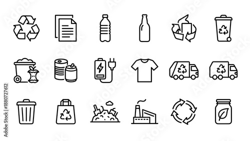Recycling waste management line icons set. Eco friendly garbage sorting symbols. Environmental protection ecology. Trash can plastic glass paper battery. Minimal vector illustration.