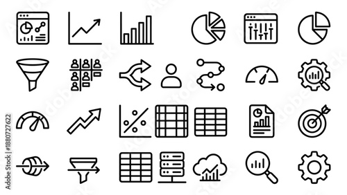 Business analytics line icons set. Data analysis. KPI dashboard. Marketing funnel. Statistics graph. SEO strategy. Growth. Financial report. Optimization. Web metrics. Vector.