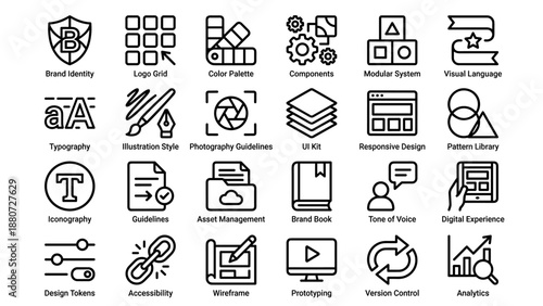 Vector line icon set brand identity design systems. Logo grid, color palette, typography, UI kit. Branding guidelines resources. Minimalist outline style graphics. Web interface.