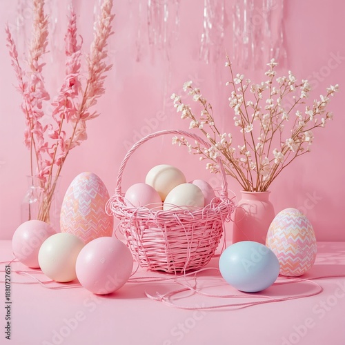 Colorful Eggs in Basket With Flowers and Decor on Pink Background for Easter ...