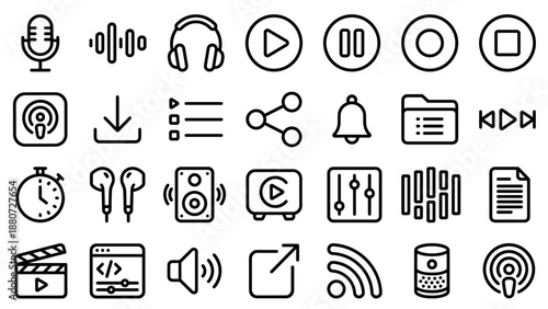 Podcast line icons. Audio production symbols. Microphone, headset, waveform, media player. Digital radio broadcast interface. Recording studio equipment. Sound wave, streaming signs.