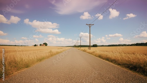 Wide Road Leads Through Fields Under Blue Sky With Clouds in Summer