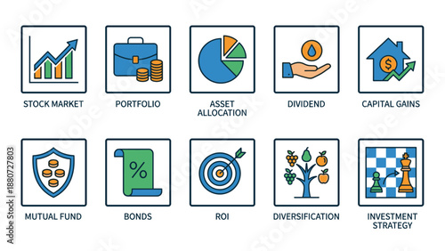 Investment portfolio icons set. Finance symbols. Stock market. Asset allocation. Dividend. Capital gains. Mutual fund. Bonds. ROI. Diversification. Strategy. Business banking money.
