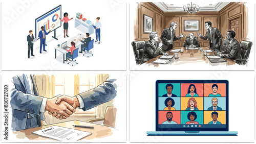 Business meeting scenes. Isometric team presentation. Heated boardroom discussion. Handshake deal agreement. Video conference remote work. Corporate office. Partnership collaboration.