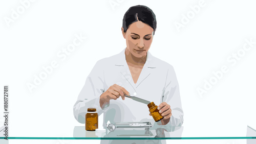 Professional female pharmacist dispensing medication. Woman in white coat counting pills with spatula into bottle. Pharmacy prescription concept. Healthcare worker preparing medicine. Drugstore.
