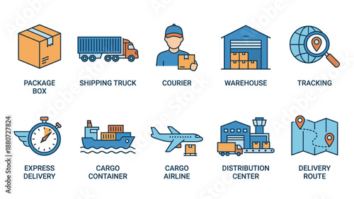 Logistics and delivery icon set. Shipping distribution symbols. Transportation vector collection. Supply chain management. Courier service. Cargo truck. Warehouse storage. Tracking.