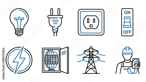 Electricity power icons set. Energy symbols. Light bulb, plug, socket, switch. Voltage lightning bolt. Circuit breaker box. Transmission tower. Electrician worker. Line art vector.