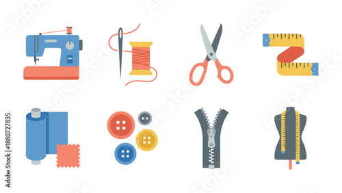 Sewing tailoring icons. Fashion design equipment. Dressmaking tools. Handcraft needlework. DIY craft. Machine, scissors, tape, thread, buttons, zipper, mannequin. Atelier vector.