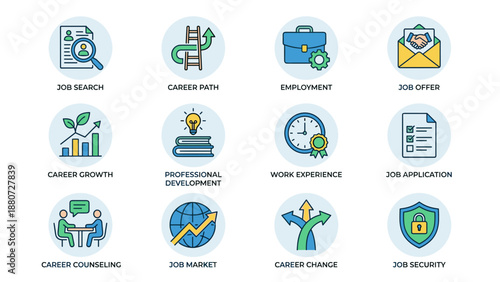Job and career icons set. Business recruitment symbols. Employment search path offer growth professional development. HR human resources work concept. Vector line flat design pack.