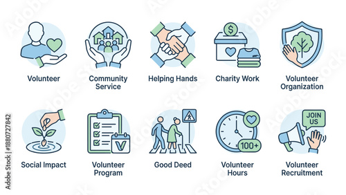 Volunteering icons set. Community service helping hands charity work. Volunteer social impact recruitment. Nonprofit humanitarian aid donation philanthropy. Support care help.