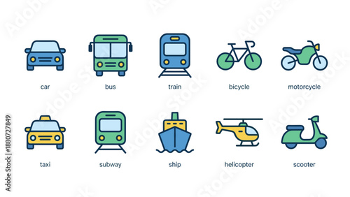 Transportation icons set. Car, bus, train, bicycle, motorcycle, taxi, subway, ship, helicopter, scooter. Urban traffic symbols. Public travel. Flat line vector vehicles. City transit.