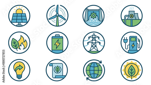 Renewable energy icons set. Sustainable power vectors. Green technology symbols. Solar panel. Wind turbine. Hydro. Biomass. Battery. Electric vehicle. Eco friendly. Environment.